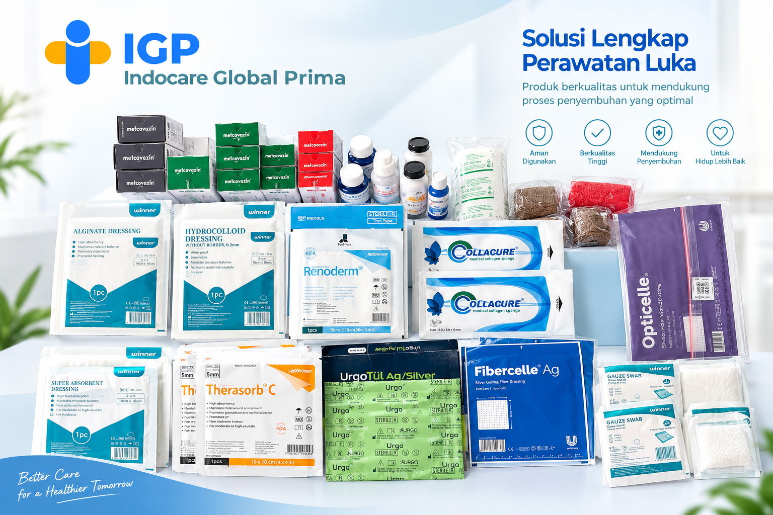 Rangkaian produk perawatan luka IndoCARE Global Prima — dressing, kasa, dan cairan pembersih